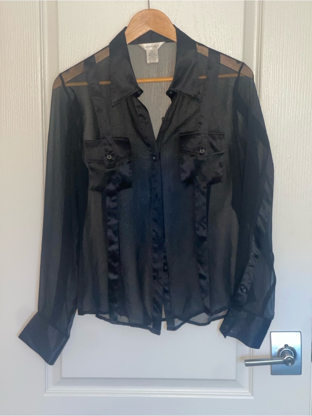 JACKIE BLUE Sheer Black Button-Front STRIPED 100% SILK Shirt Jacket Women LARGE - Picture 5 of 7